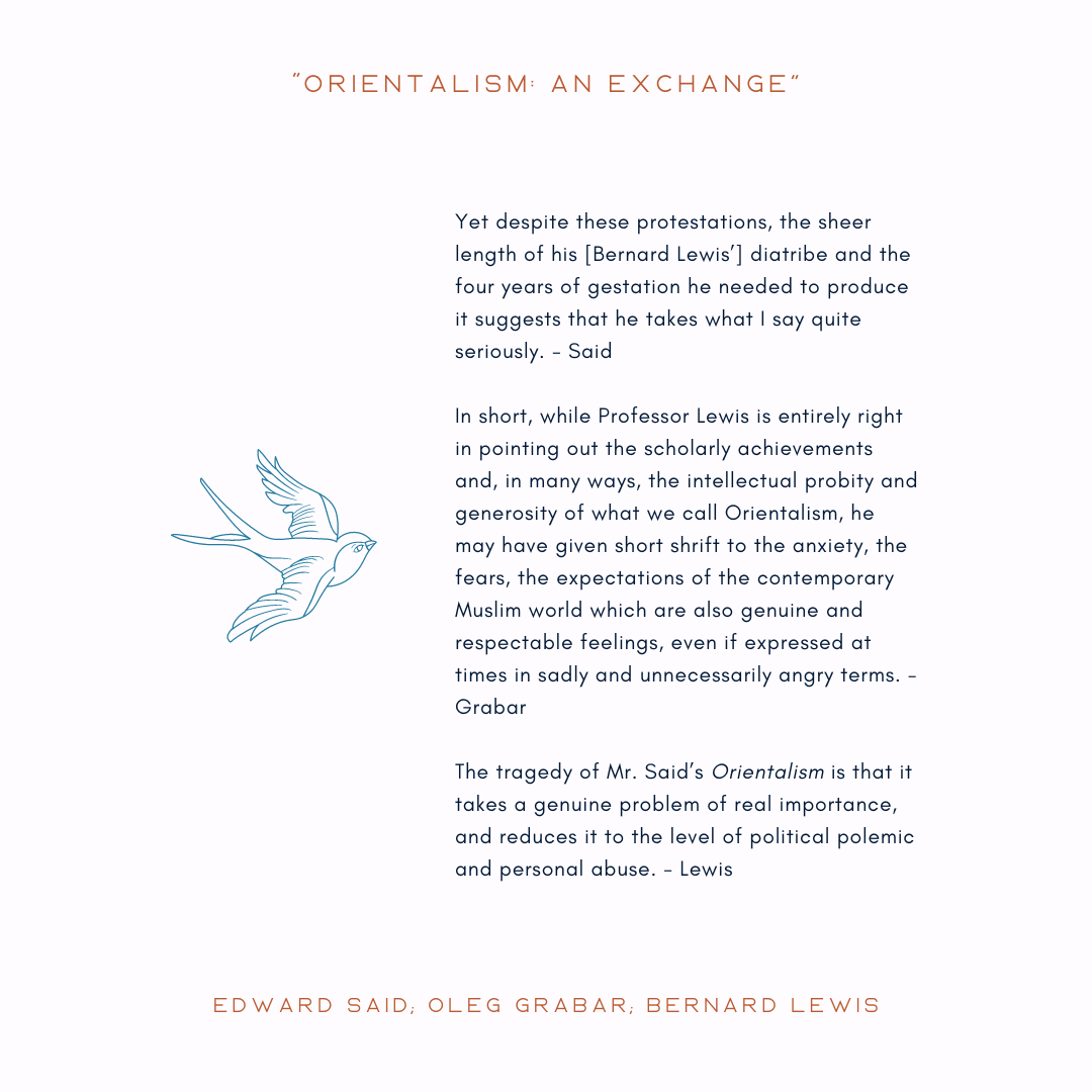 “Orientalism: An Exchange” in The New York Review of Books, 12 August 1982